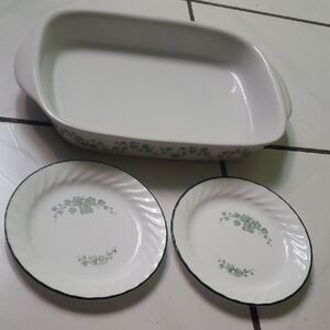 Vintage like new "Corelle" set white baking dish, 2 plates green ivy accents